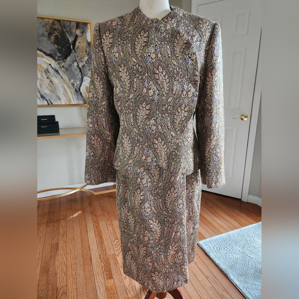 Vintage Adele Simpson Metallic Paisley Dress Jacket 2 Piece Set Sz 12
